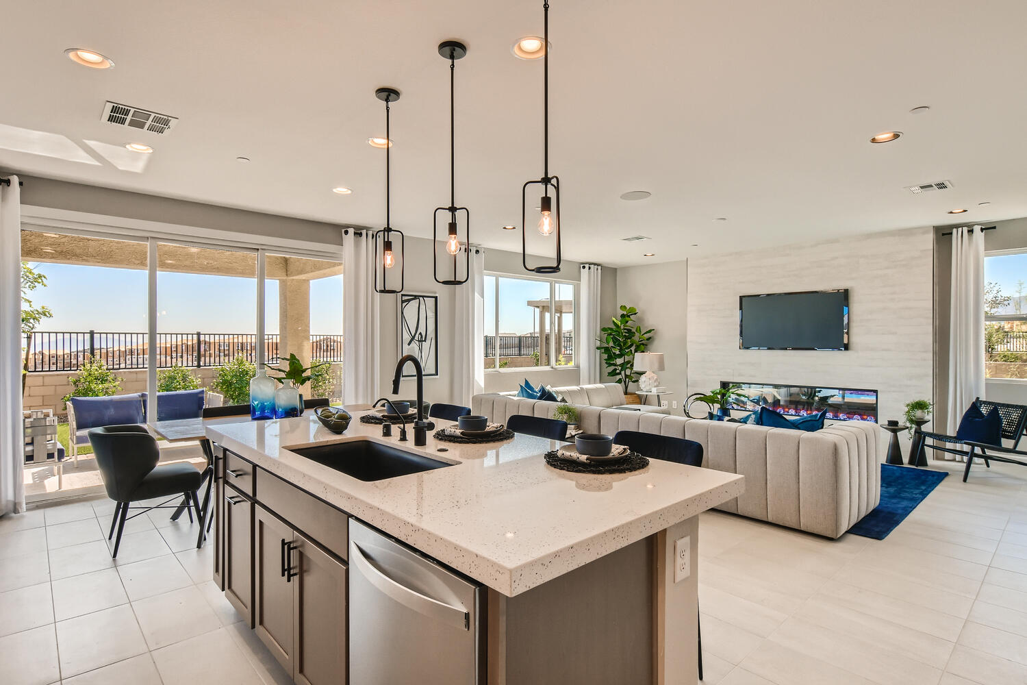A kitchen with a large island.