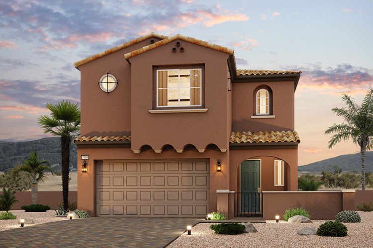 A house with a garage and a clock on the roof.