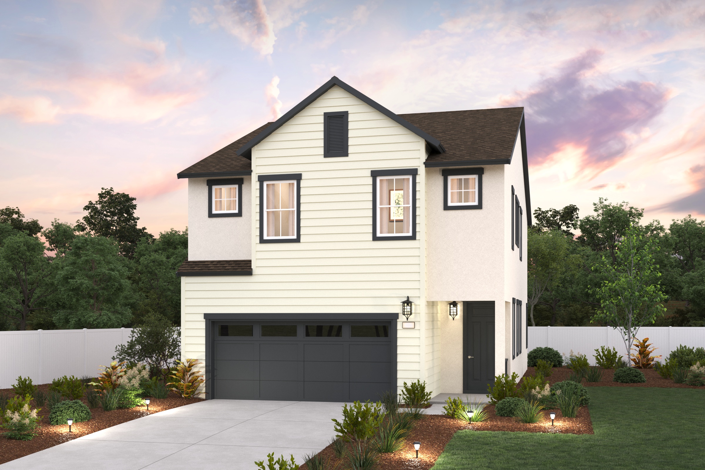 A white house with a garage.