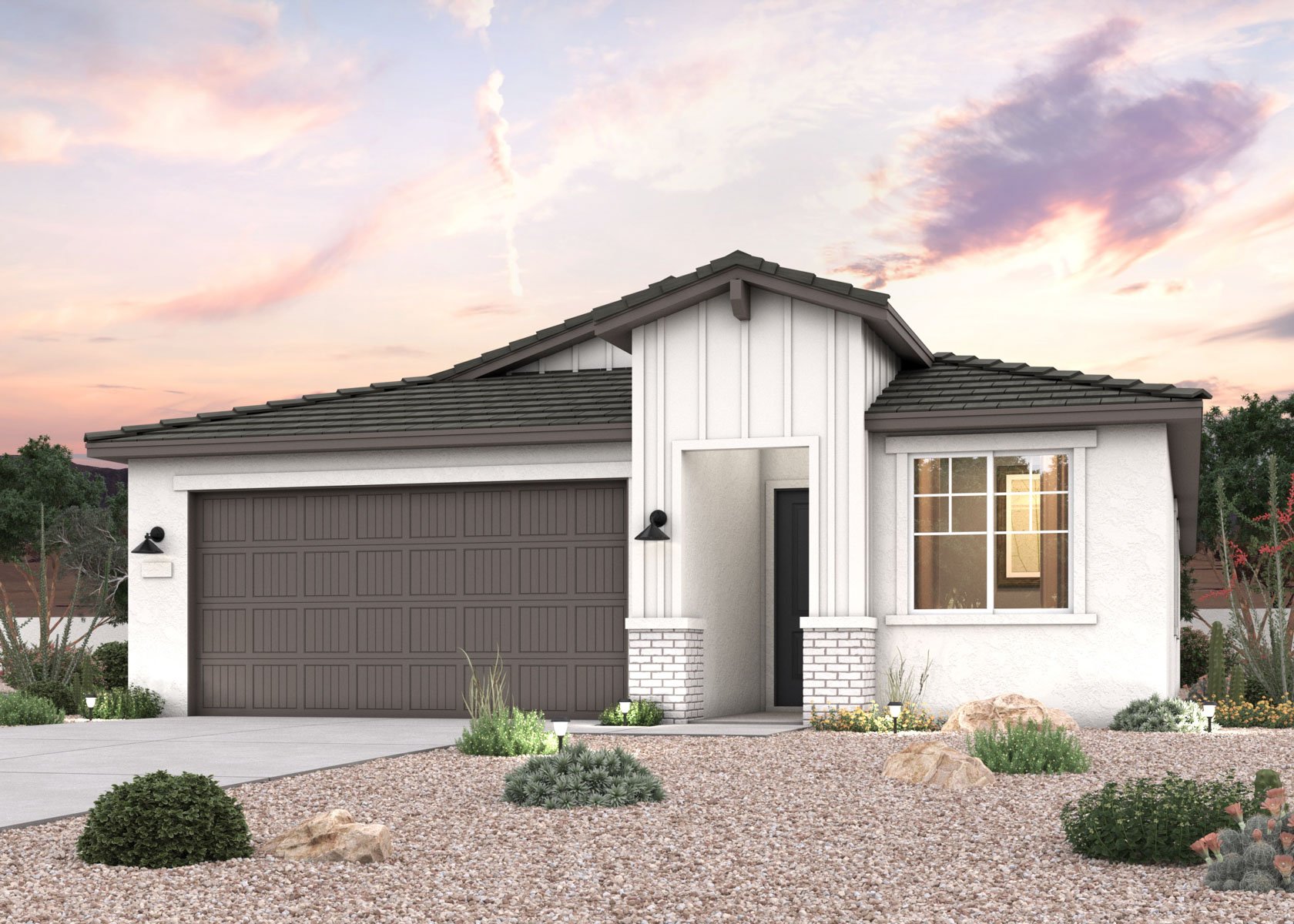Twilight rendering of a new home for sale in Buckeye, AZ with 2 car garage at Montana Vista by Century Communities.