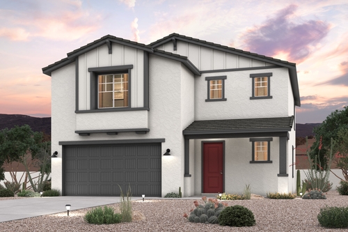 A white house with a red door.