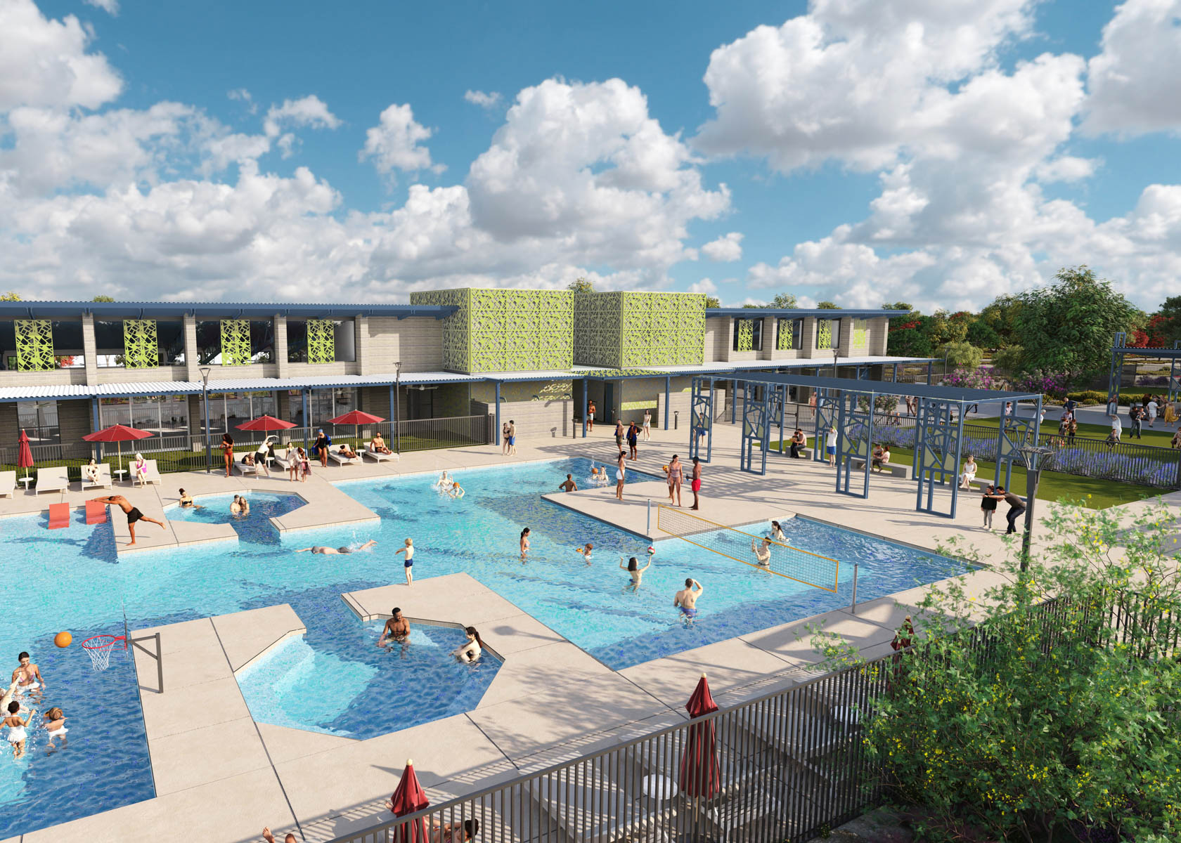 A large swimming pool with people in it.