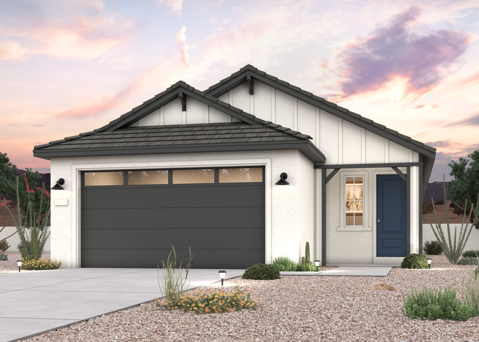 A twilight rendering of a new home in Buckeye, AZ at Manzanita at Teravalis by Century Communities.