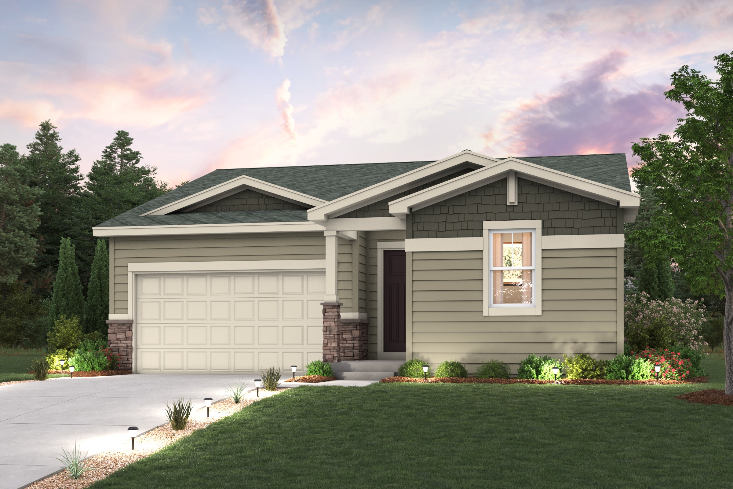 Livingston Elevation B rendering image with home illustration with landscaping and driveway