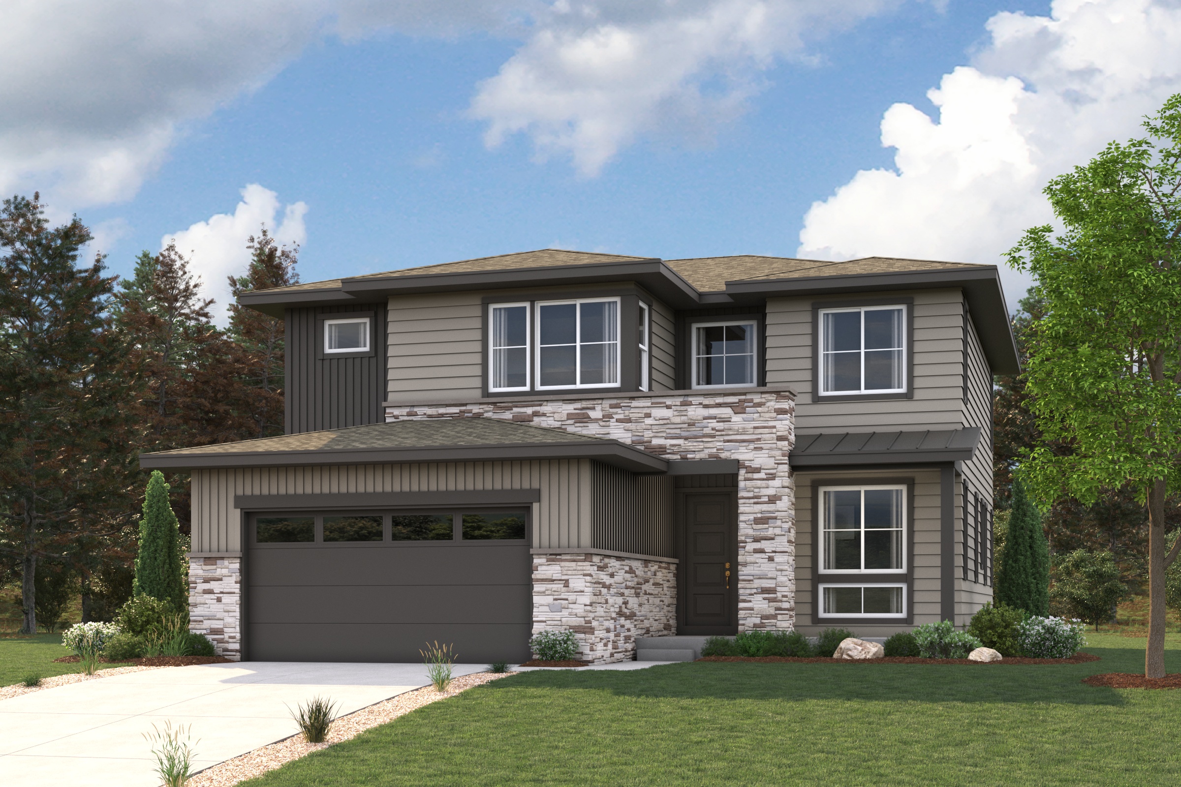 A house with a garage. Olympic Rendering Image, Elevation C