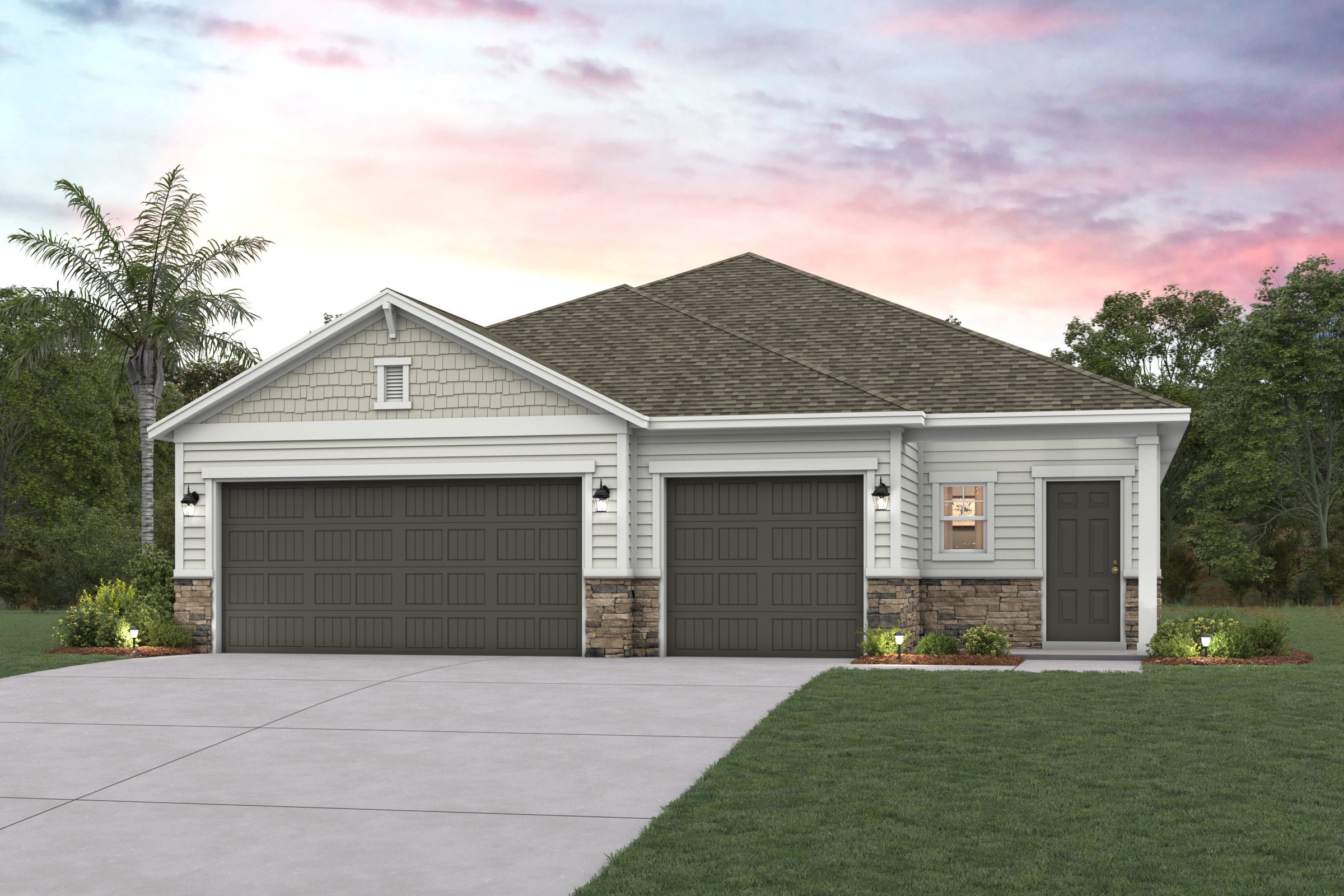 A house with garages and trees.