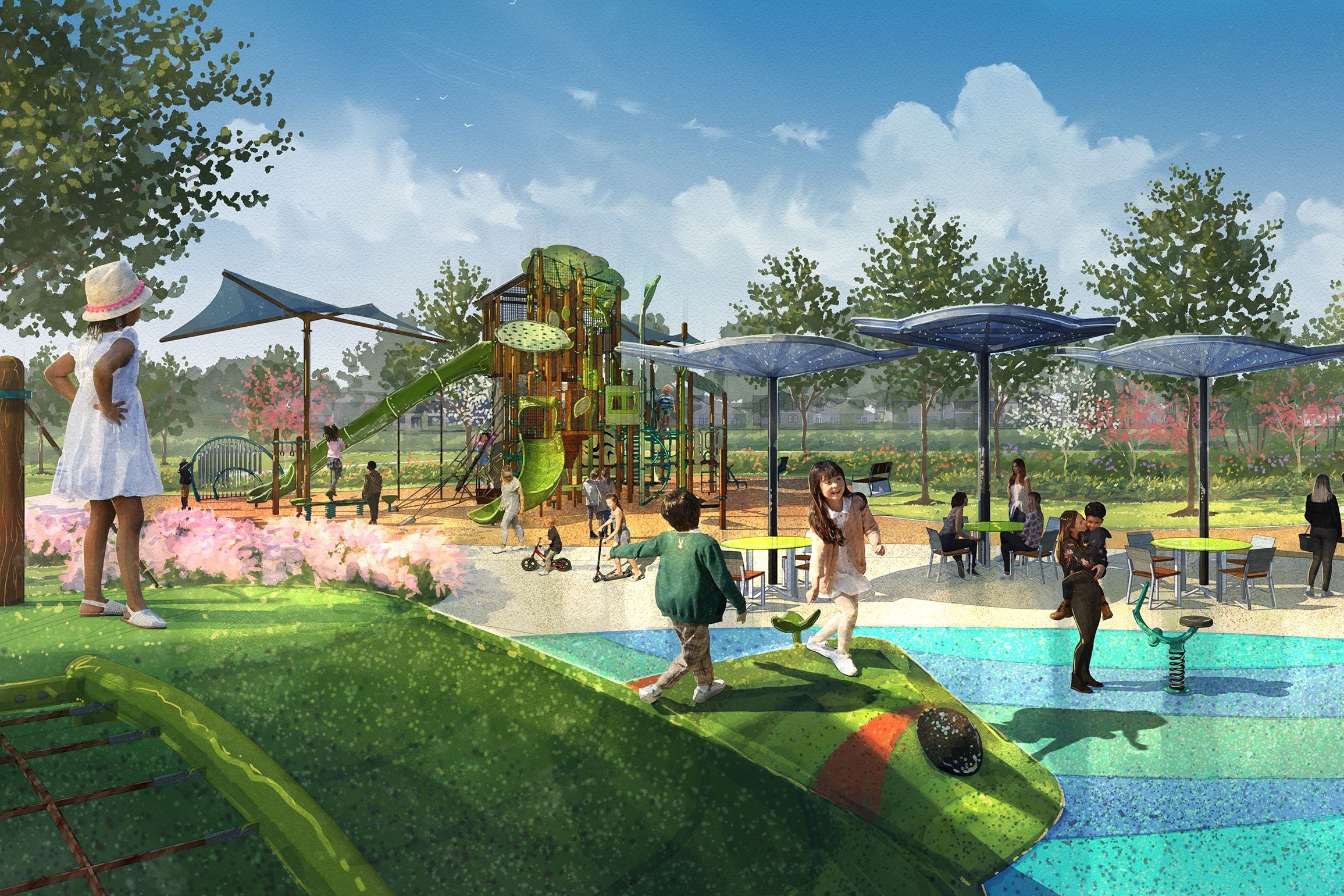 A group of people playing in a water park.