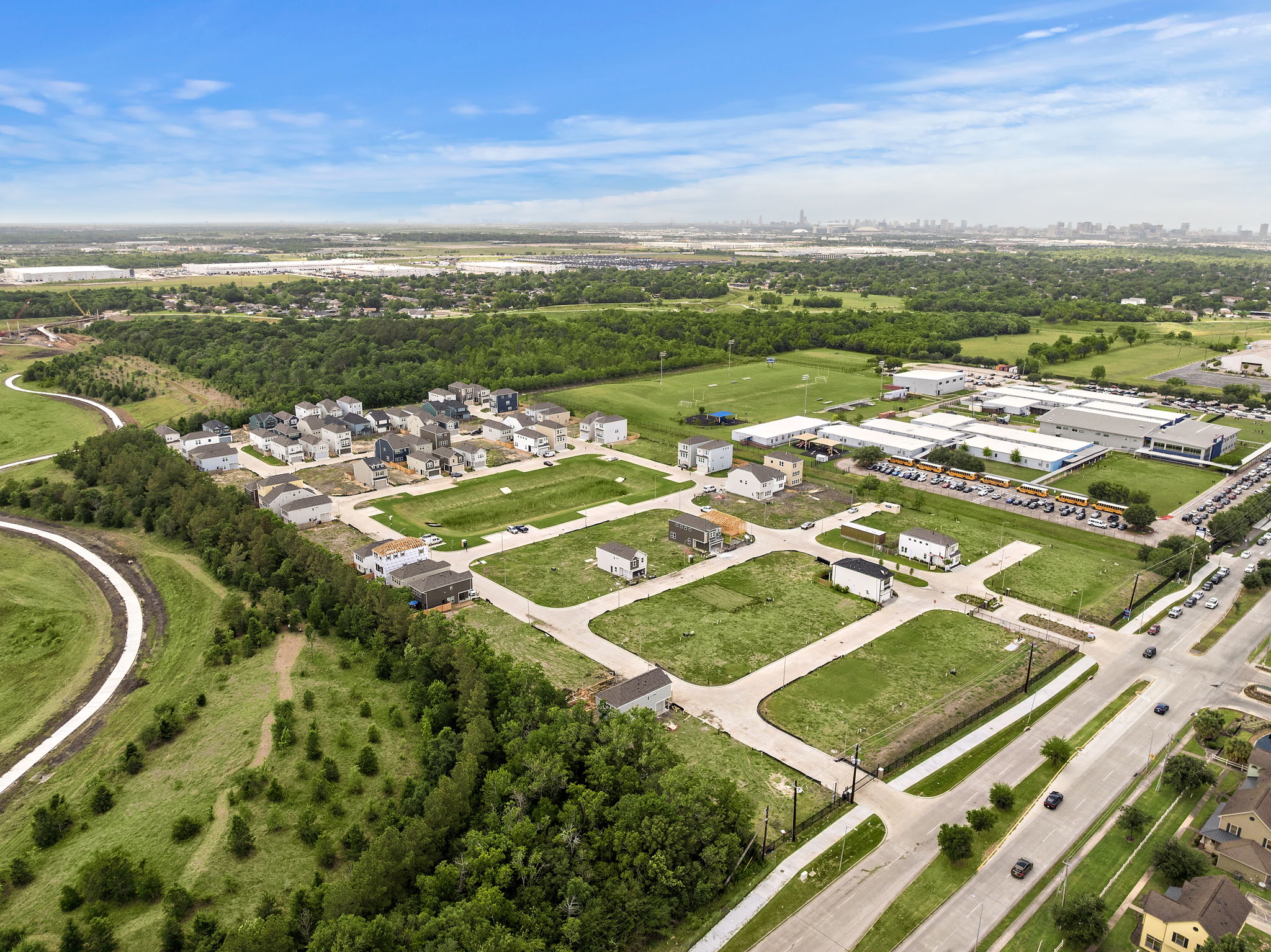 A landscape with buildings and roads.