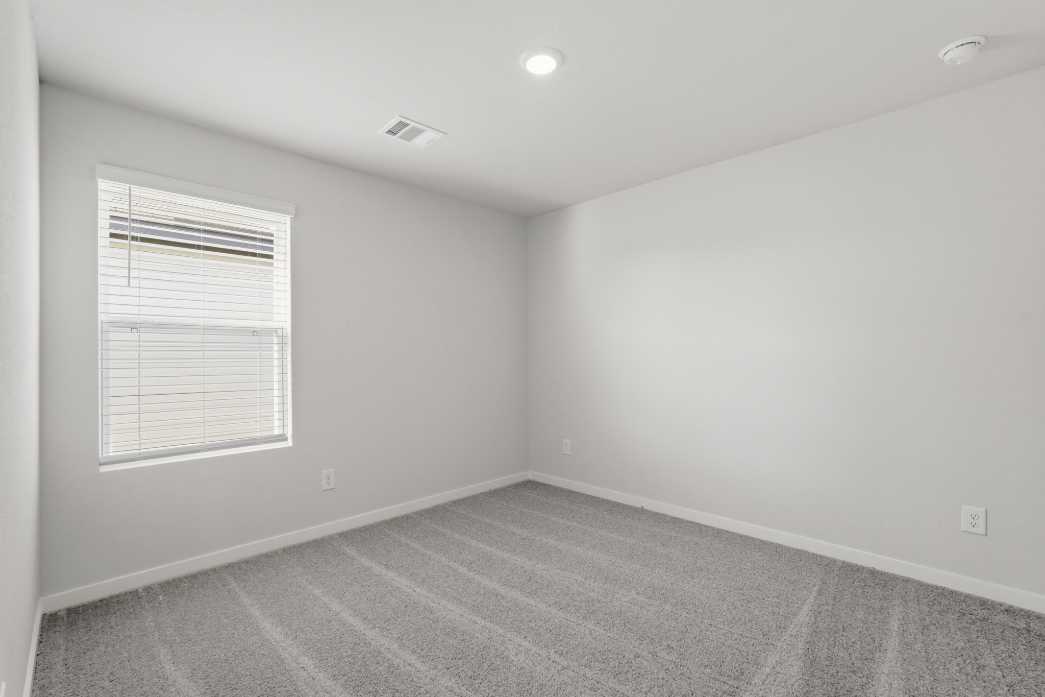 A room with a window and a rug.