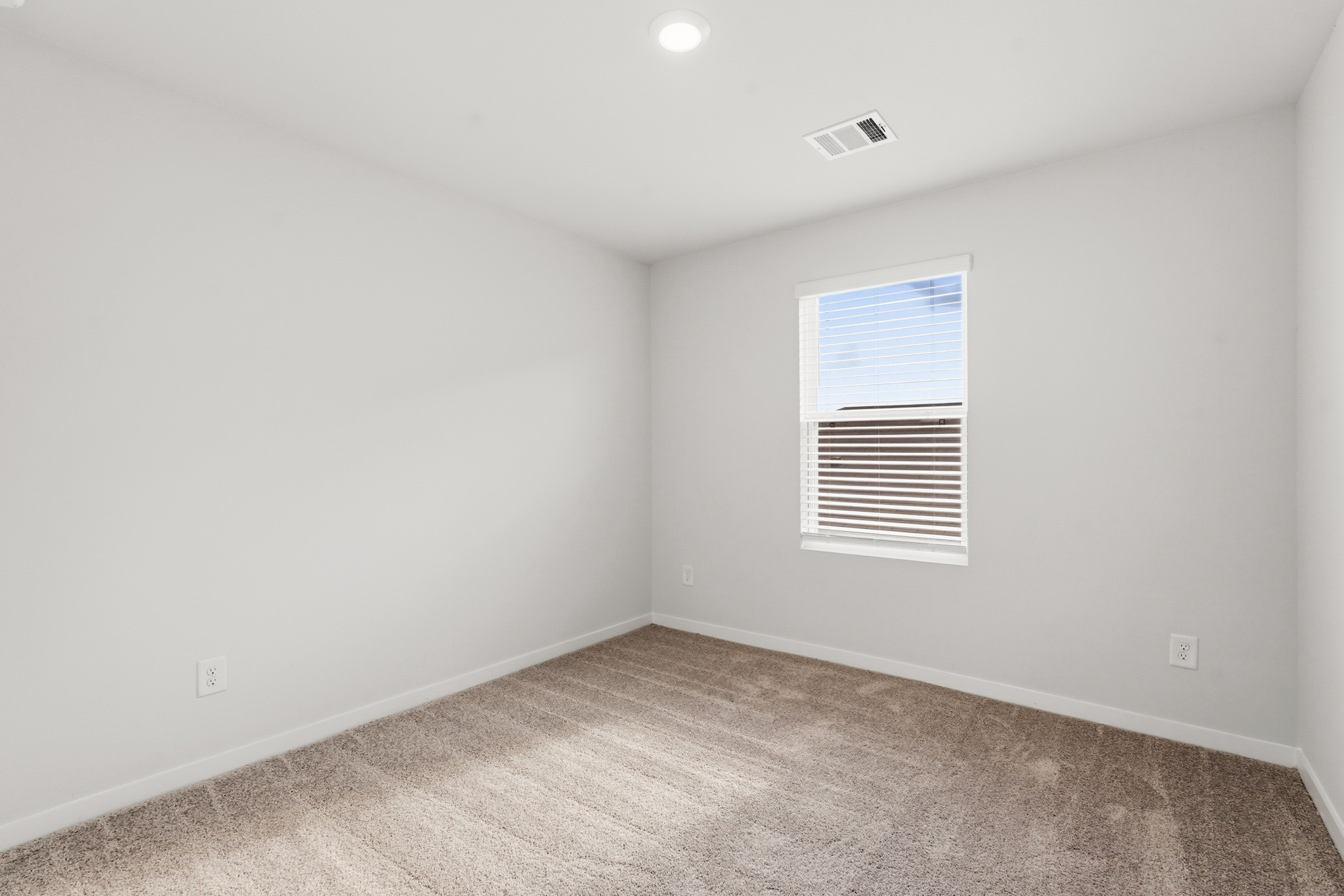A room with a carpet and a window.