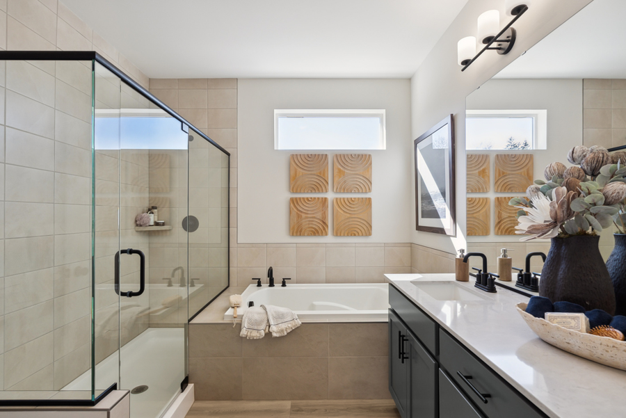 A bathroom with a glass shower.