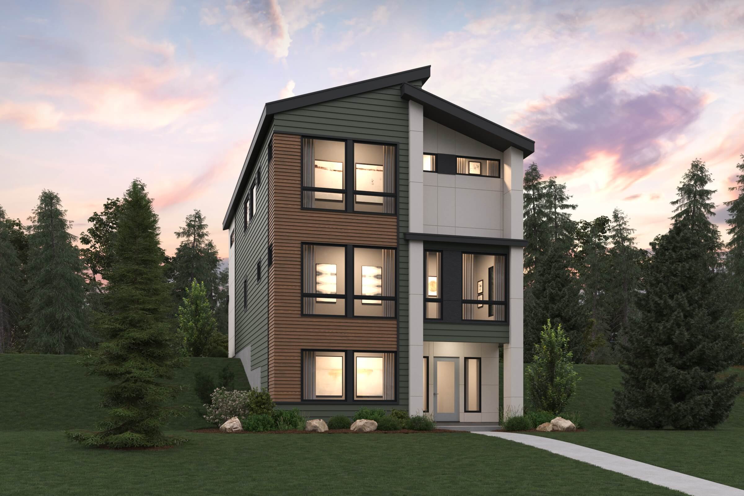 A house with a lawn and trees around it.