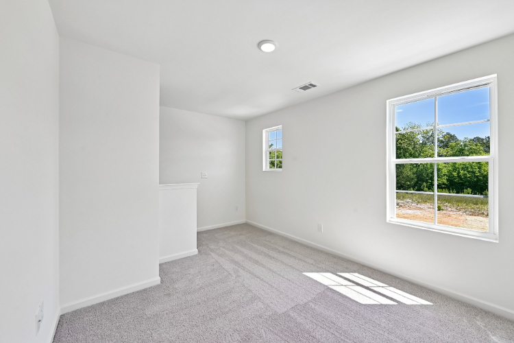 A room with windows and a carpet.