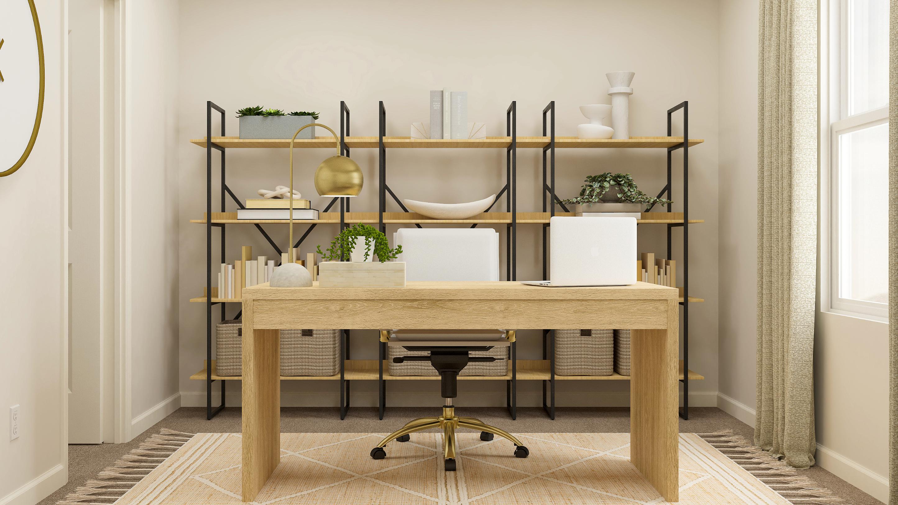 A table with a stool and shelves.