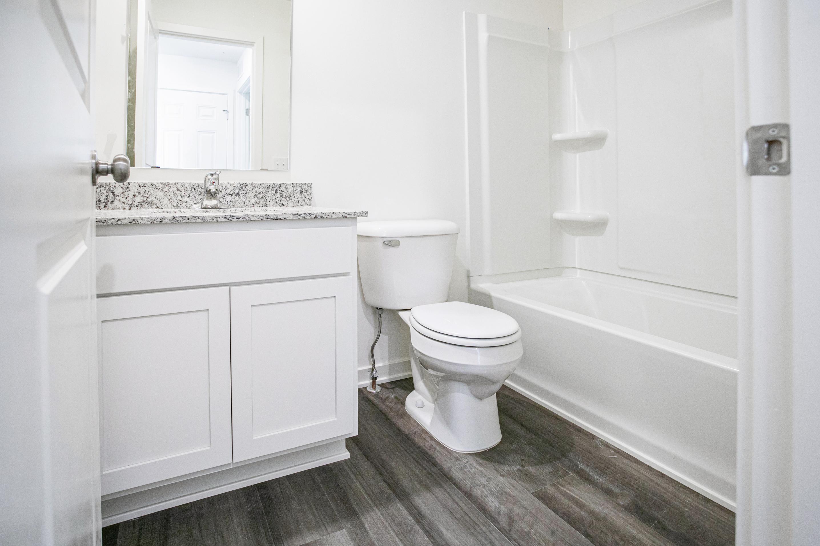 A bathroom with a toilet and bathtub.